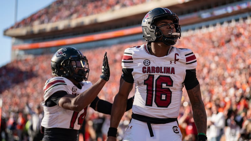South Carolina quarterback LaNorris Sellers (16) reacts after scoring a touchdown in the...