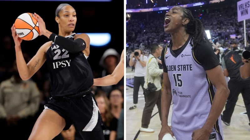 LEFT: Las Vegas Aces center A'ja Wilson (22) is pressured by Indiana Fever forward Makayla...