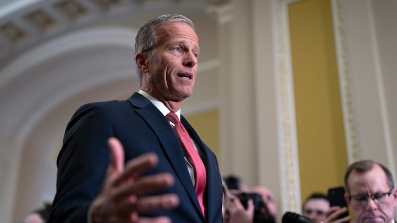 Senate Majority Leader John Thune, R-S.D., speaks to reporters after meeting with Vice...