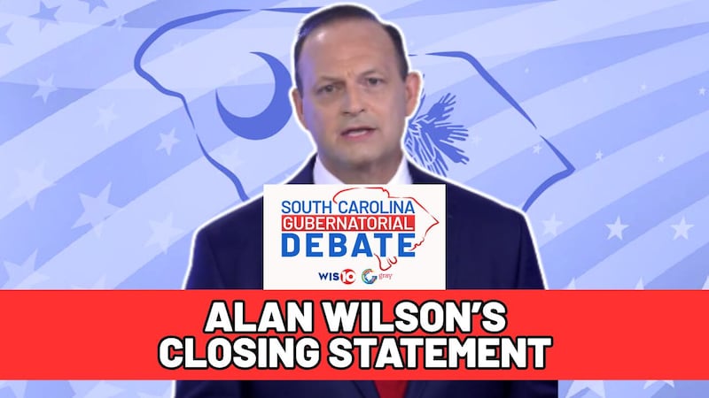 Gubernatorial candidate Alan Wilson offers his closing statement at a debate on Oct. 6, 2026.